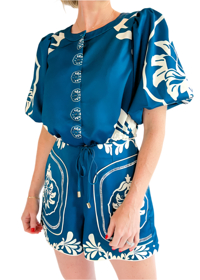 Charissa Engineer Print Bubble Sleeve Top