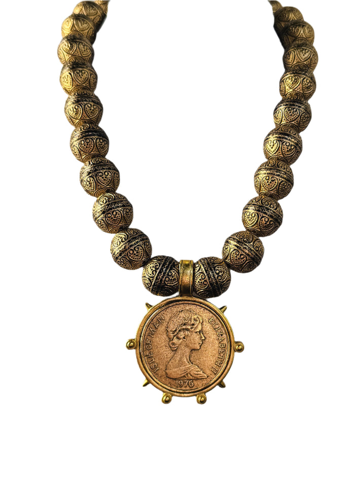 Large Bead with Vintage Wrap Coin Necklace