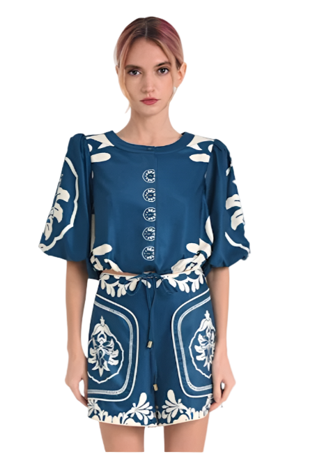 Charissa Engineer Print Bubble Sleeve Top