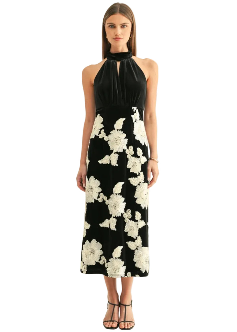 Oaklyn Flower Velvet Halter Midi Dress