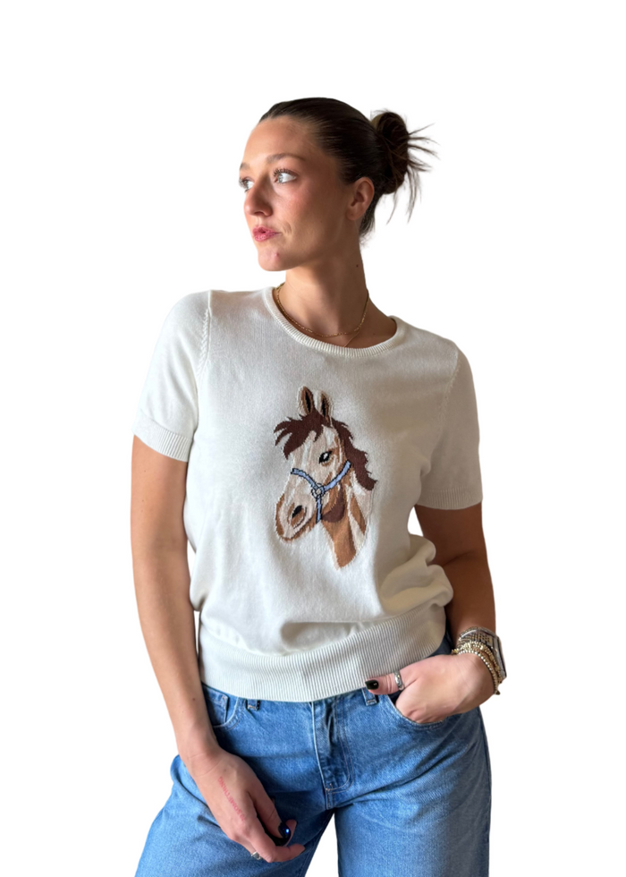 Short Sleeve Horse Graphic Knit Top