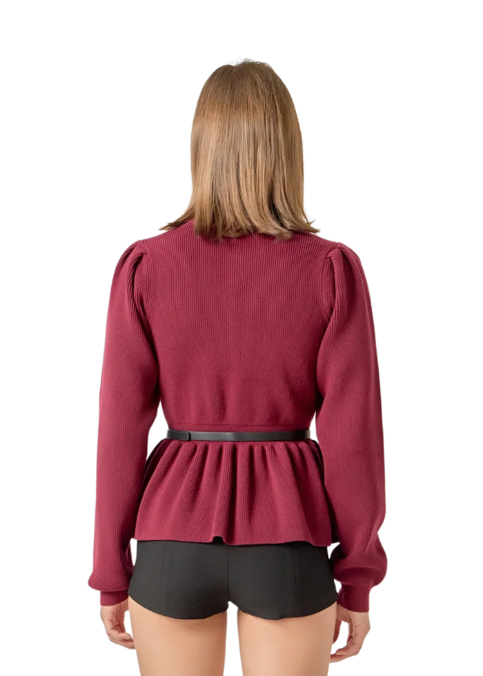 Peplum Waist Knit Top - Burgundy
