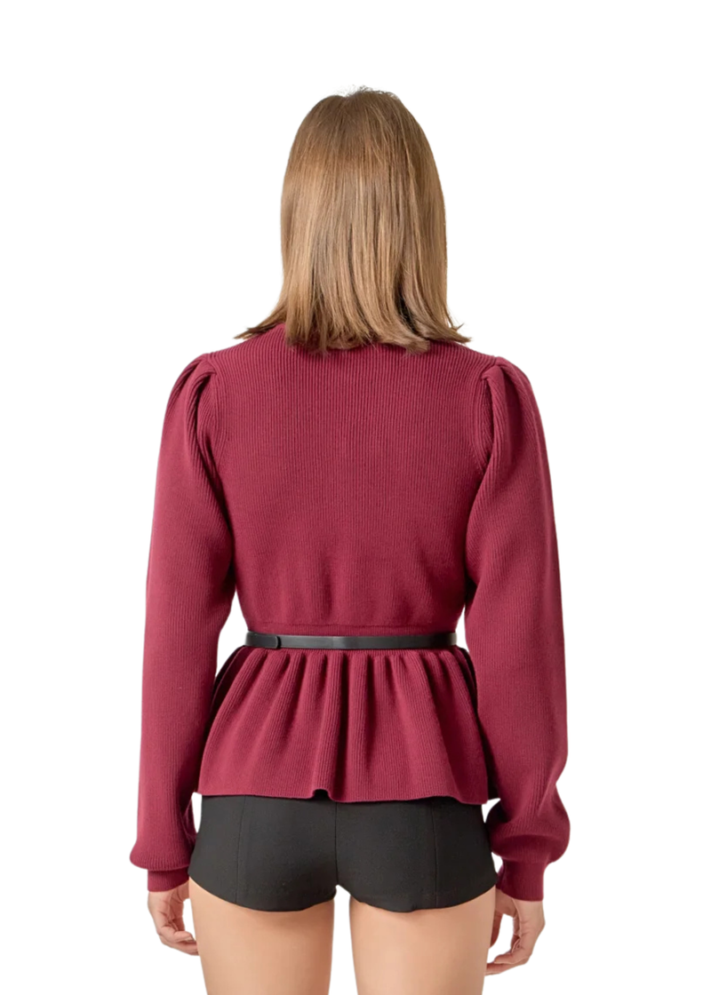Peplum Waist Knit Top - Burgundy