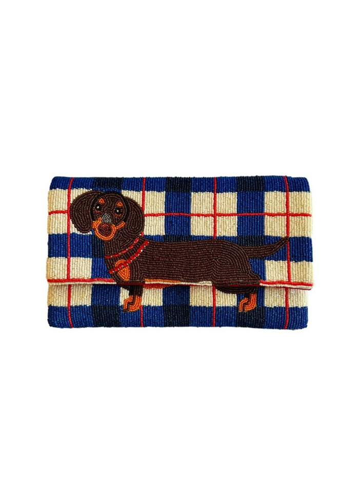 Dachshund Clutch Crossbody Beaded Bag | Blue Check