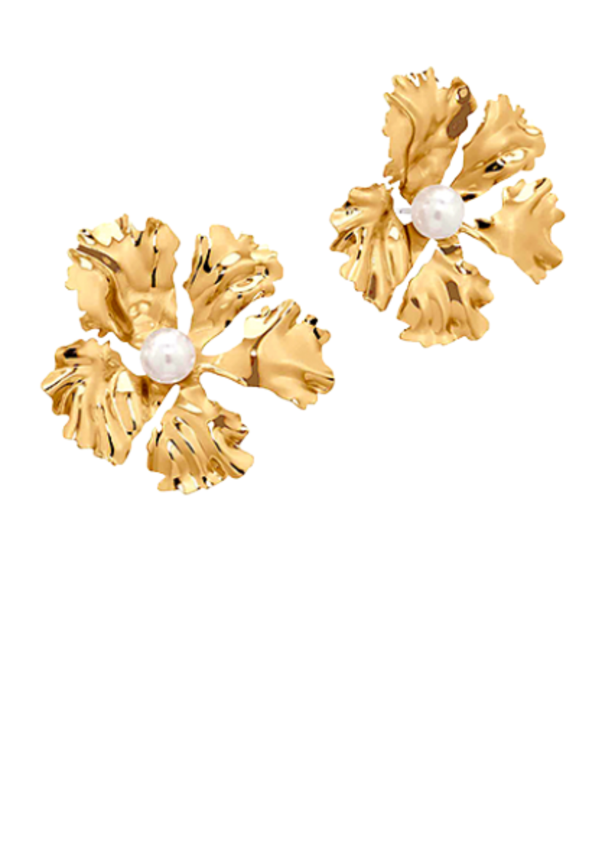 Pearl & Flower Metal Earrings - Gold