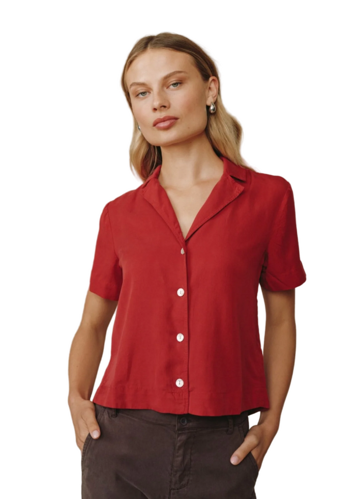 Short Sleeve Flowy Button Down - Ruby Red