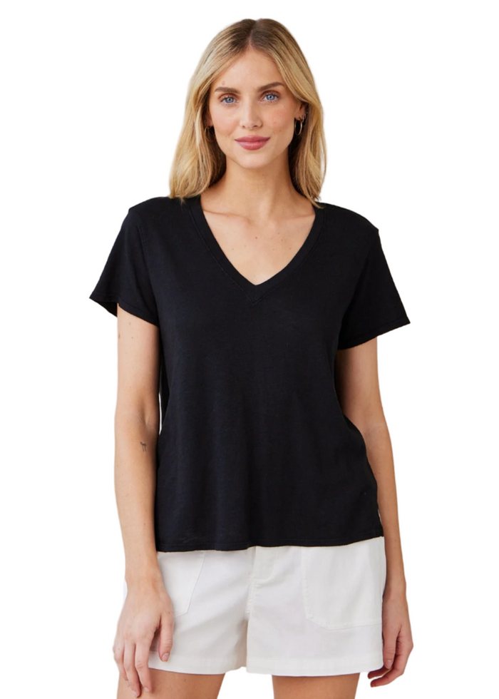Side Slit V-Neck Tee - Black