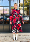 Adele Abstract Floral Ruched Sleeve Midi Dress