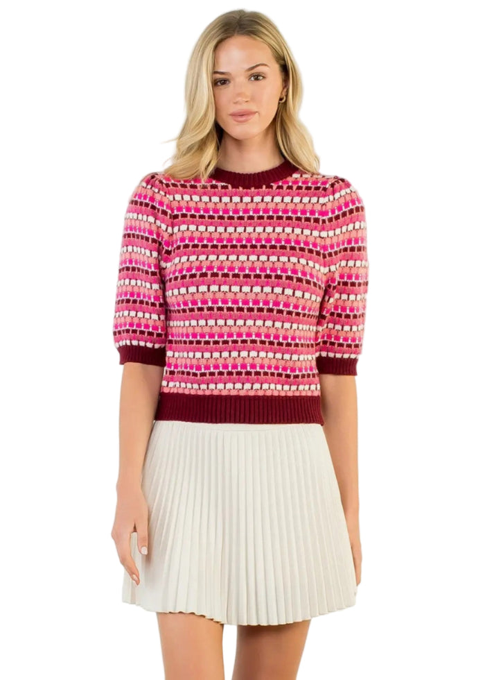Textured Stripe Puff Sleeve Knit Top