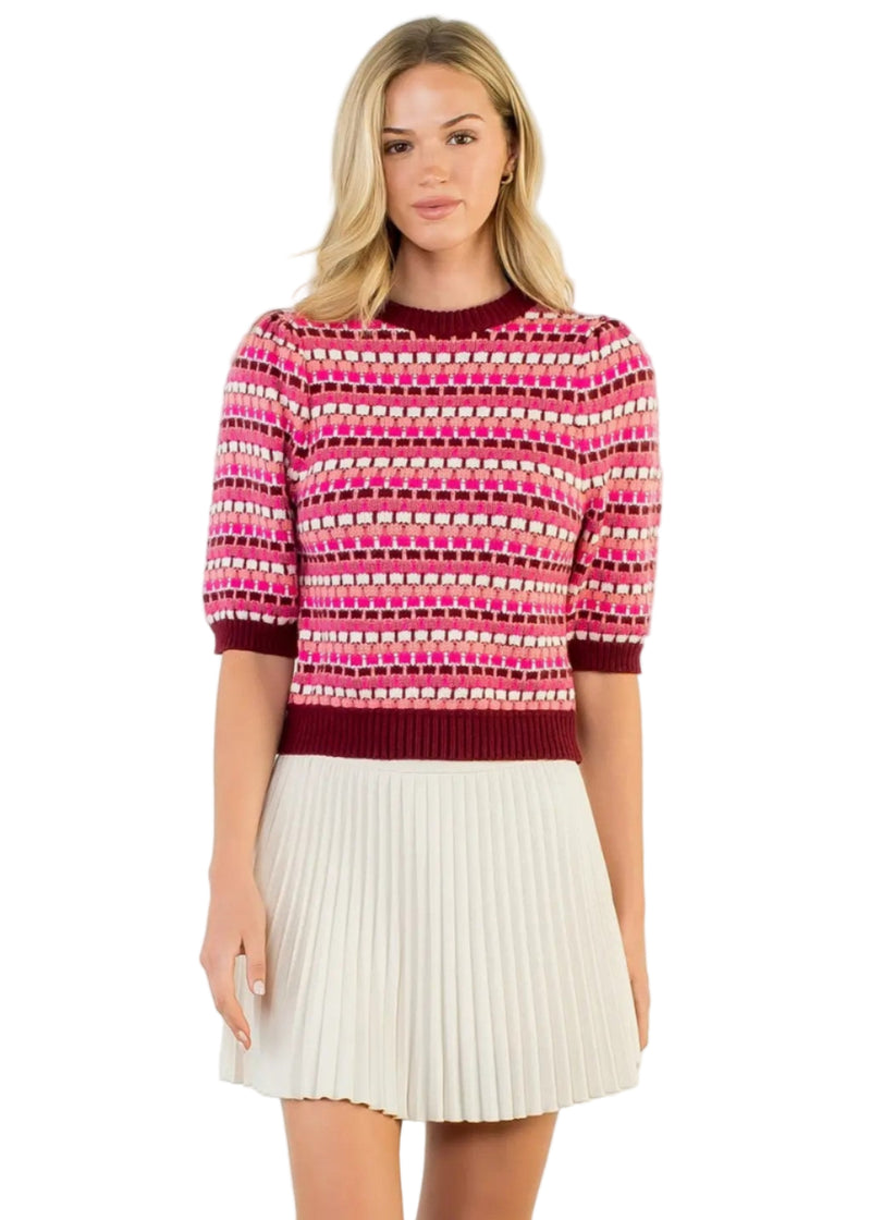 Textured Stripe Puff Sleeve Knit Top