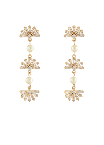 Linear Baguette Fan Shape Earrings-Gold/Clear