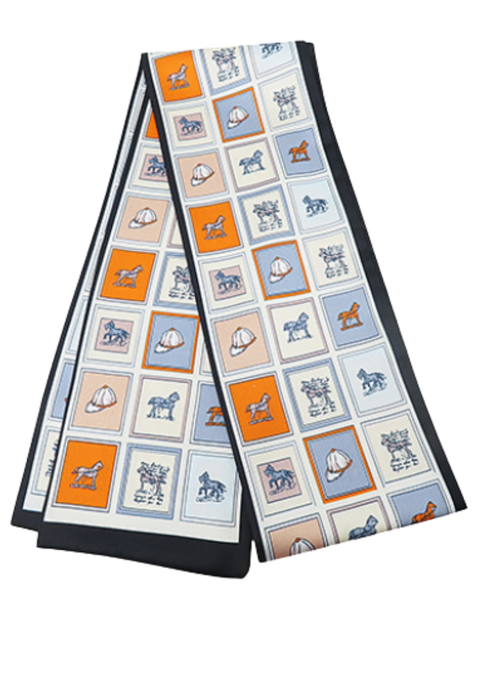 Equestrian Theme Print Narrow Scarf - Ivory/Multi