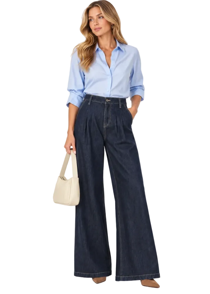 Delphine Pleated Denim Wide Leg