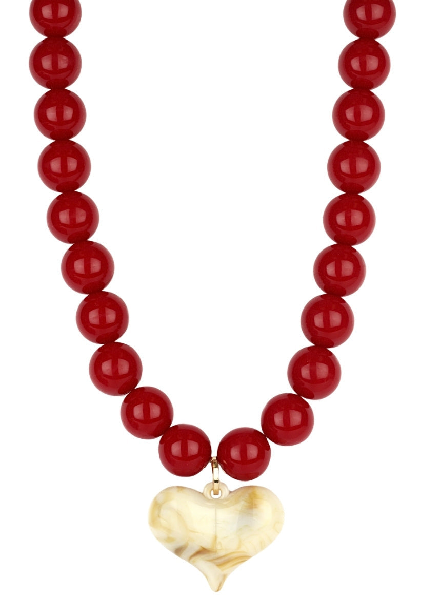 Puffy Heart & Ball Necklace - Burgundy/Beige
