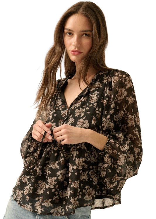 Floral Chiffon Tie-Neck Babydoll Top