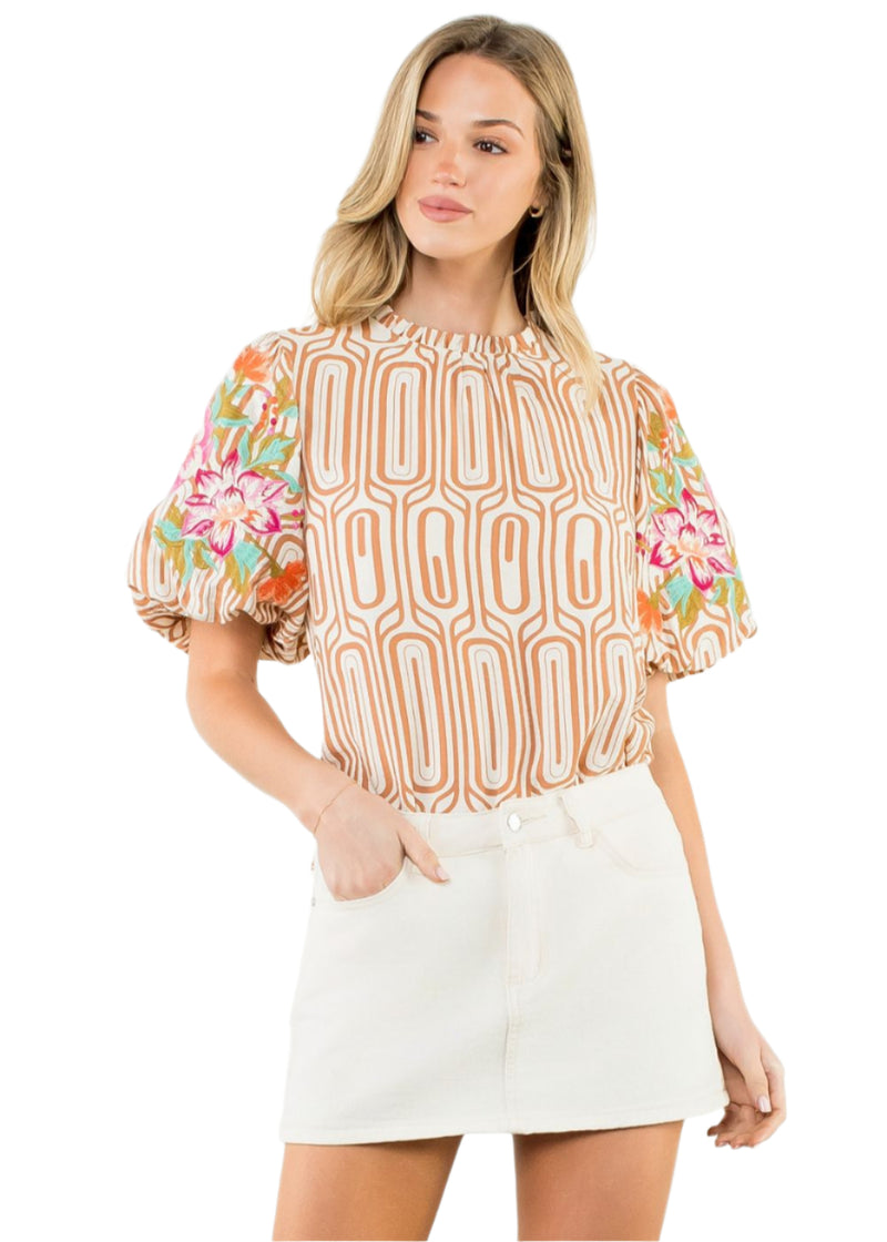 Camilla Flower Puff Sleeve Print Top
