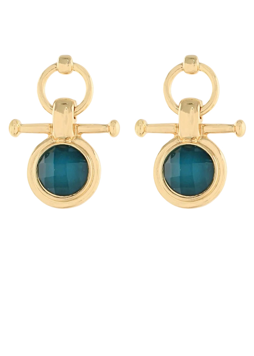 Round Stone & Bar Earrings - Teal