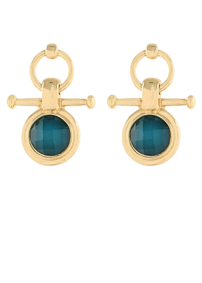 Round Stone & Bar Earrings - Teal