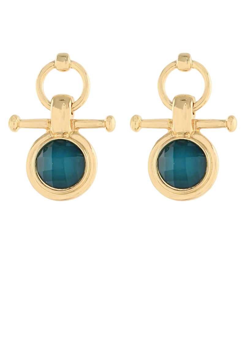Round Stone & Bar Earrings - Teal