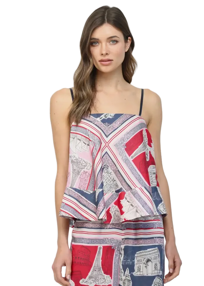 Bordered Destination Print Tie Back Top
