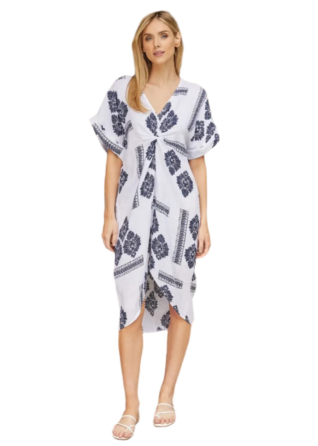 Linen Damask Print Twist Front Dress