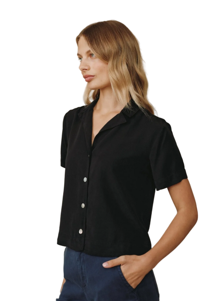 Short Sleeve Flowy Button Down - Vintage Black
