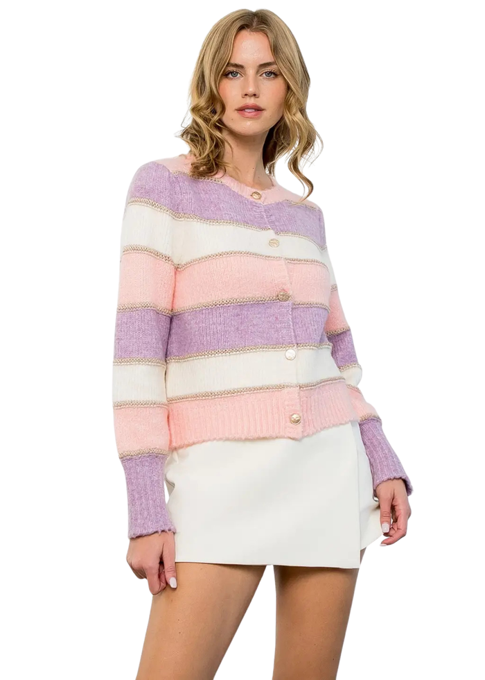 Colorblock Rib Knit Button Up Cardigan