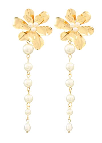Flower & Pearl Row Earrings-Gold/CreamPearl