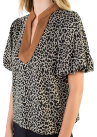 Leopard Print Puff Sleeve V-Neck Top