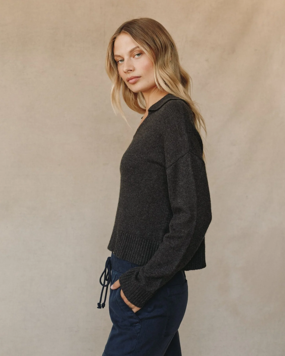 Pullover Sweater w/ Collar, Heather Moon