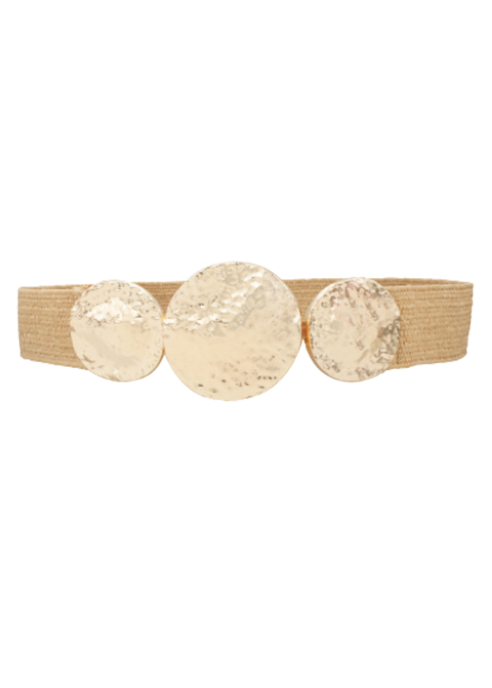 Hammered Triple Disck Buckle Straw Belt - Tan