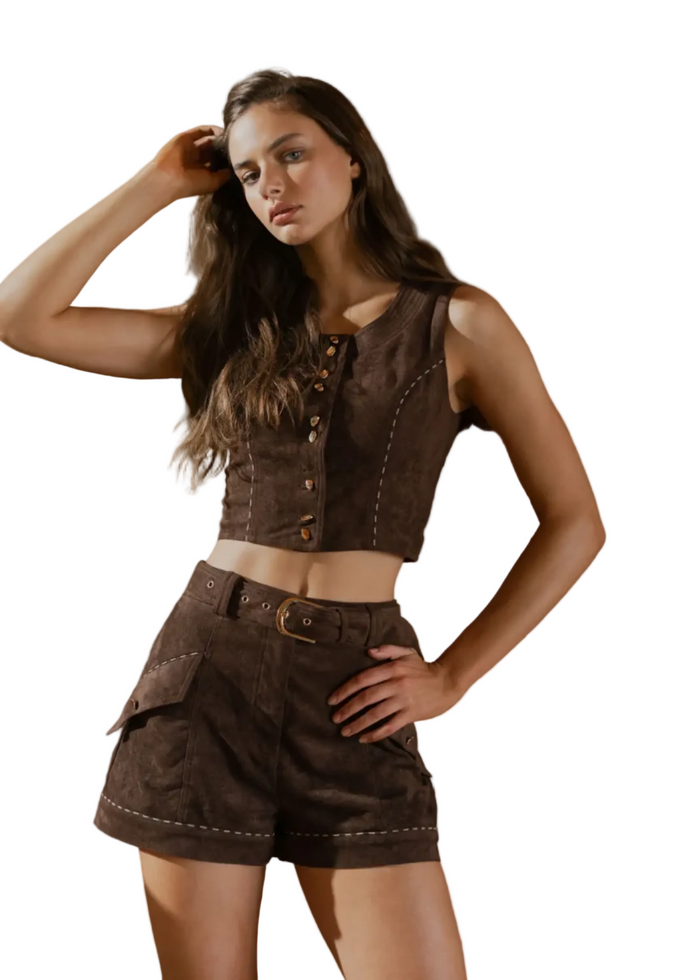Akia Suede Button-Down Top