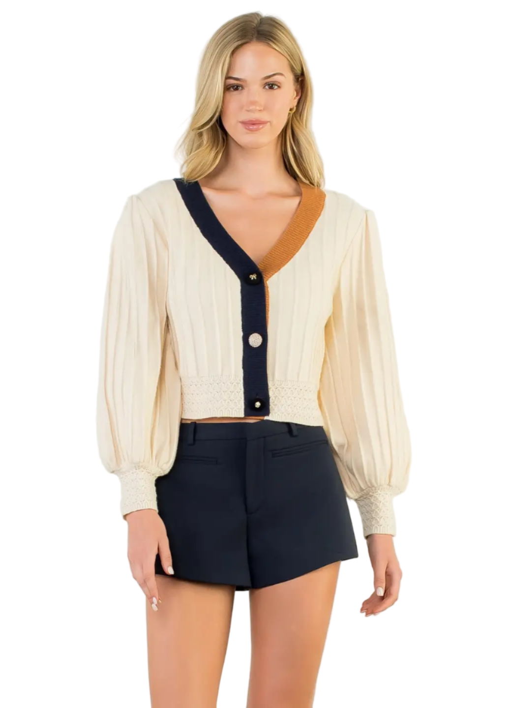 Balloon Sleeve Colorblock Knit Cardigan