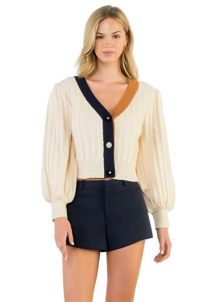 Balloon Sleeve Colorblock Knit Cardigan