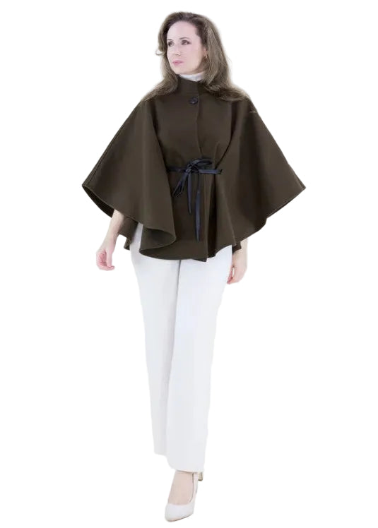 Funnel Neck Faux Leather Belt Cape