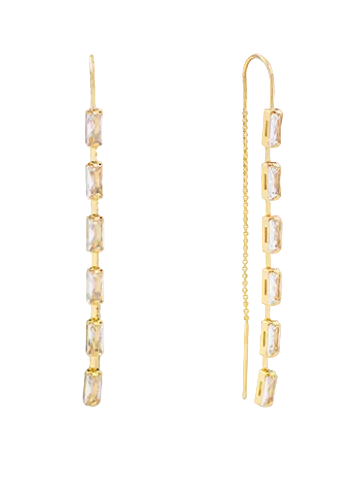 CZ Baguette Chain Threader Earrings-Gold/Clear