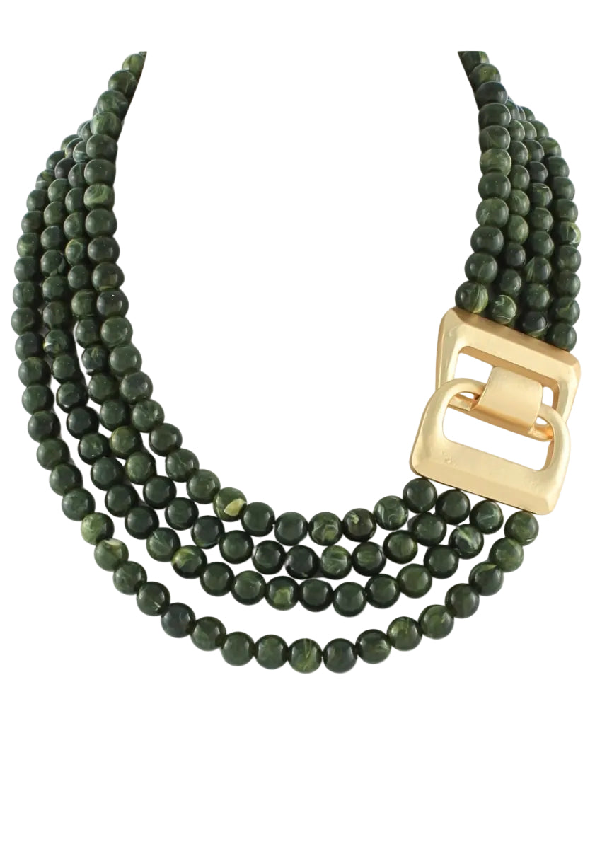 Layered Agate Ball Necklace - Olive
