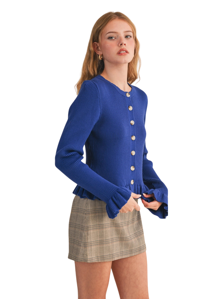Ruffle Hem Ribbed Knit Cardigan