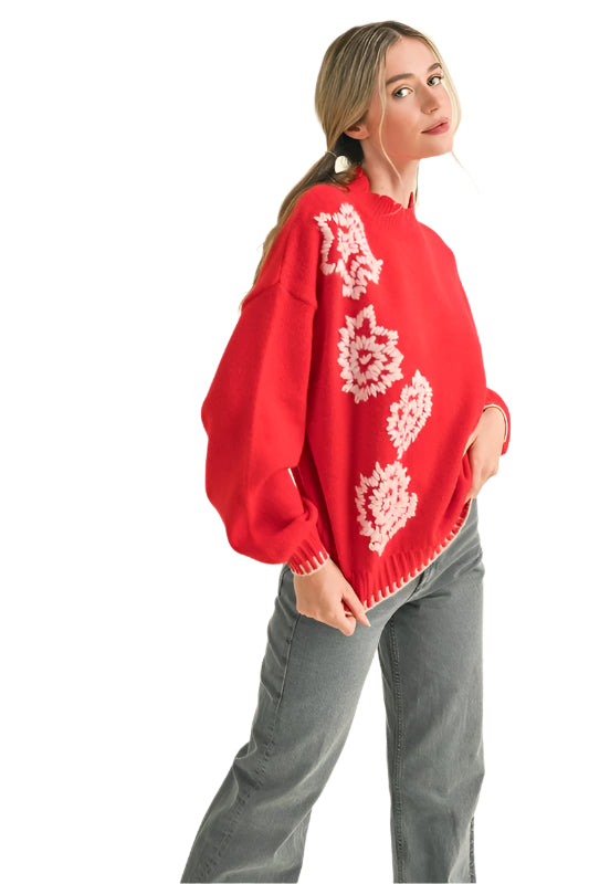 Floral Embroidery Mock Neck Sweater