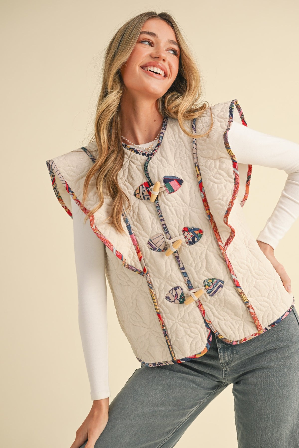 Flutter Sleeve Quilted Vest w/ Print Binding