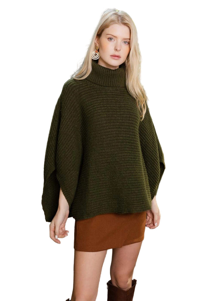 Turtleneck Ribbed Knit Poncho