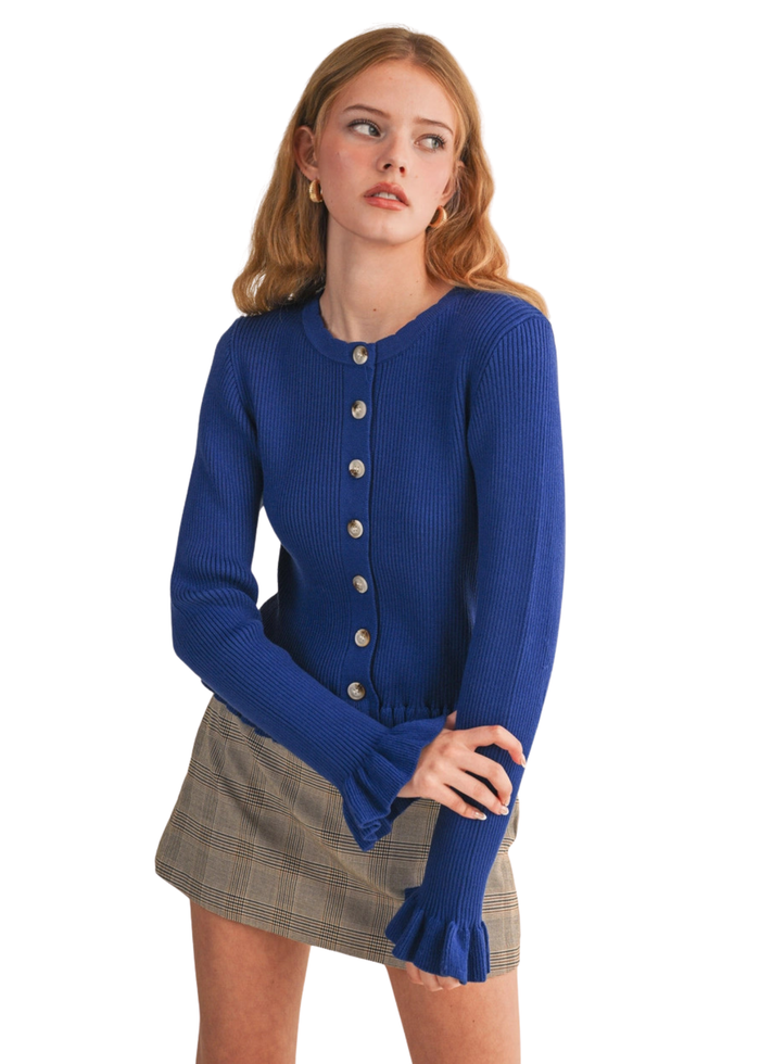 Ruffle Hem Ribbed Knit Cardigan