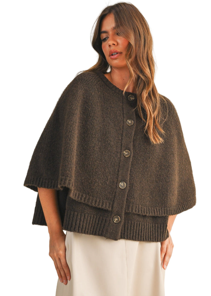 Button Closure Sweater Cape Cardigan - Espresso
