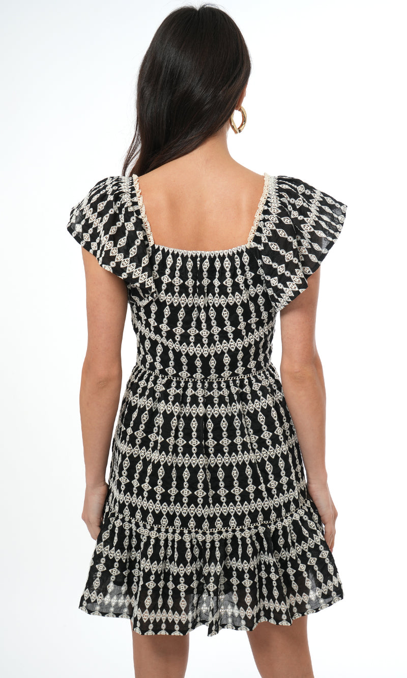 Katty Embroidery Eyelet Flutter Sleeve Mini Dress