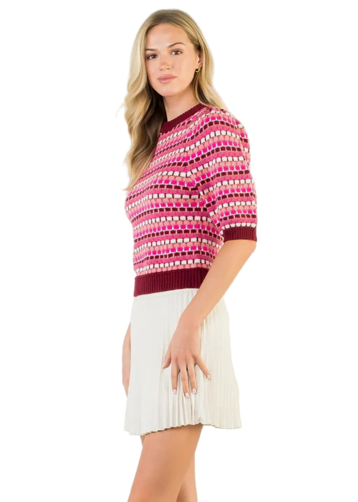 Textured Stripe Puff Sleeve Knit Top
