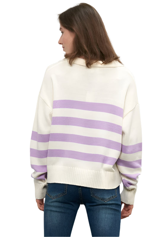 Striped Knit Sweater with Collared Neck