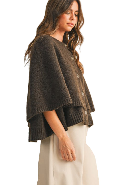 Button Closure Sweater Cape Cardigan - Espresso