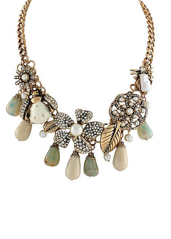 Botanical Themed Statement Necklace - Mint Multi/Antique Gold