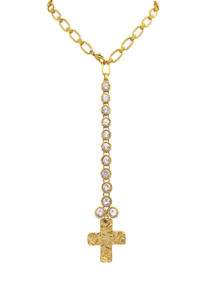 Cross & Linked Crystal Y Necklace