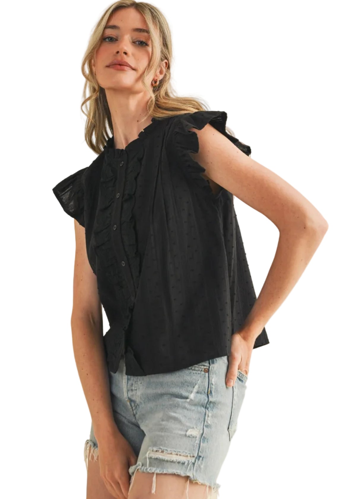 Ruffle Trim Button Down Top